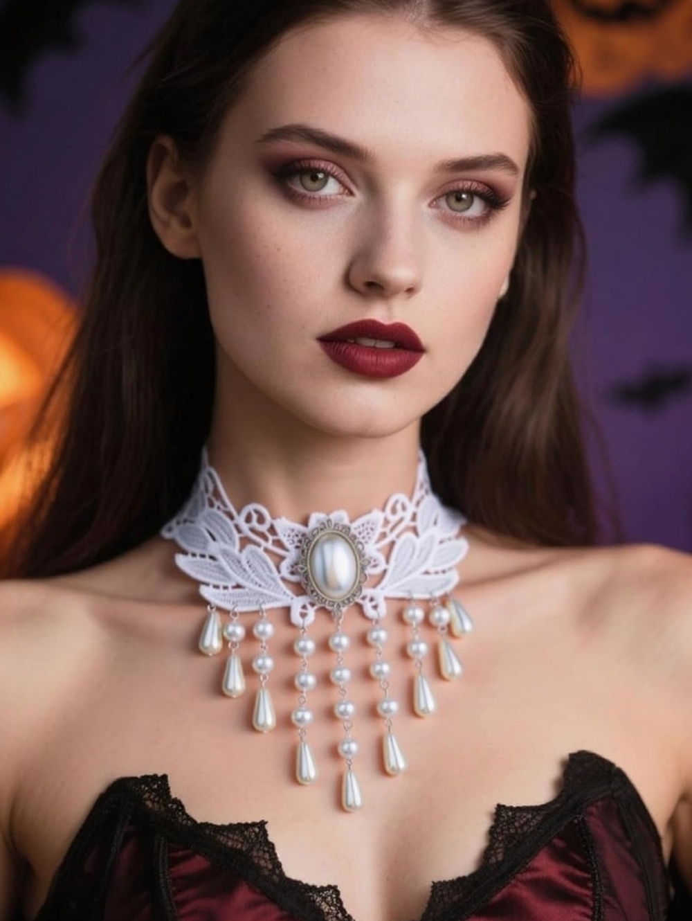 Victorian White Lace Pearl Drop Choker Necklace